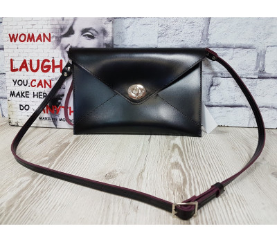 Сумка-клатч "Боніта" натуральна шкіра, чорна напівматова з бургунди виворотом