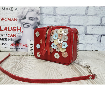 Сумка жіноча "КВАДРО" натуральна шкіра, червона з квітами