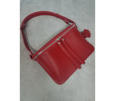 Сумка жіноча поясна "НЕКСТ" натуральна шкіра, червона плетінка
