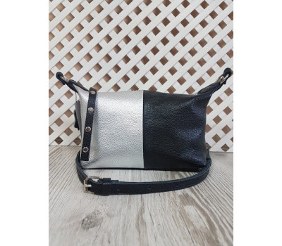 Сумка женская "Лилу" натуральная кожа, комбинированая черный и серебряный флотар