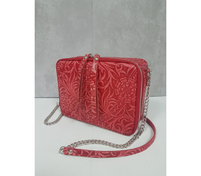 Сумка жіноча "КВАДРО" натуральна шкіра, червона з квітковим принтом