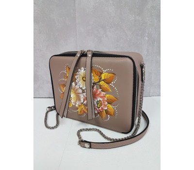 Сумка жіноча "КВАДРО" натуральна шкіра, латте матова з розписом