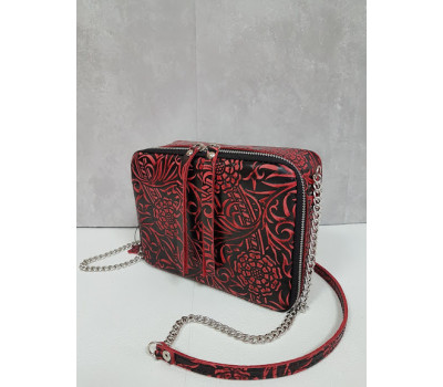 Сумка жіноча "КВАДРО" натуральна шкіра, чорна з квітковим принтом