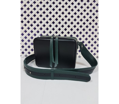 Сумка жіноча "КВАДРО" натуральна шкіра, чорна-зелена з широким ременем