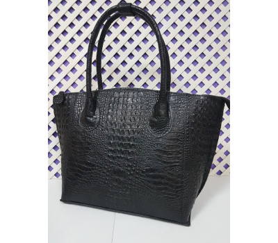 Сумка жіноча "фолд" натуральна шкіра, чорна з тисненням під крокодила