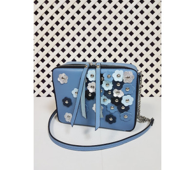 Сумка жіноча "КВАДРО" натуральна шкіра, блакитна з квітами