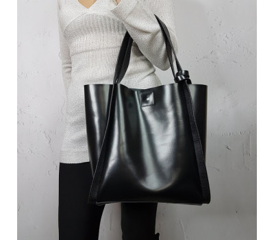 Сумка-шоппер "Дольче" натуральна шкіра, чорна з тисненням під рептилію