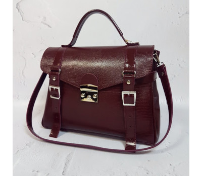 Сумка-саквояж жіноча "Вінтаж" натуральна шкіра, бургунди рептилія глянець