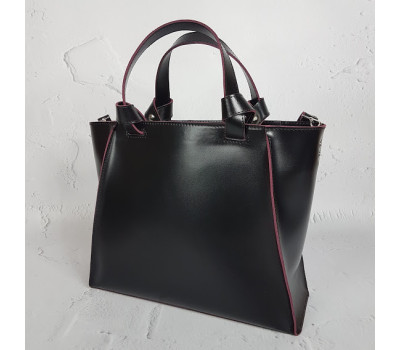 Сумка женская "ПРАГМА" из натуральной кожи, черная полуматовая с бургунди изнанкой