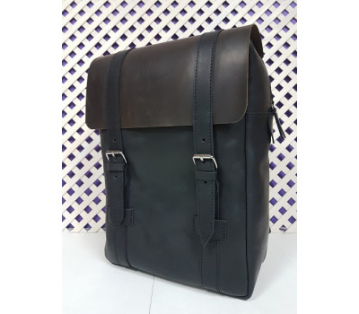 Рюкзак "БРУКЛІН" натуральна шкіра, Crazy Horse чорна з коричневим клапаном