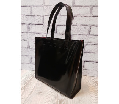 Сумка жіноча "ВЕЛЛА" на блискавки, натуральна шкіра, чорний лак з виворотом бургунди на блискавки