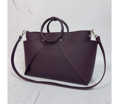 Сумка женская "РОНДА" натуральная кожа, баклажан с плетенкой
