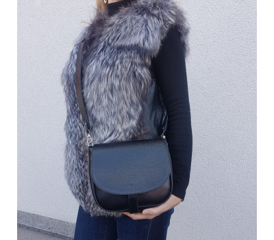 Сумка женская "Римини" натуральная кожа, черная с тиснением под рептилию глянец