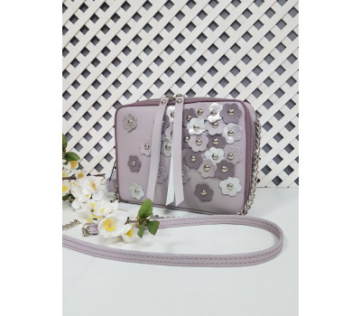 Сумка жіноча "КВАДРО" натуральна шкіра, світло-бузкова з квітами