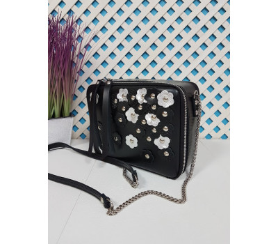 Сумка жіноча "КВАДРО" натуральна шкіра, чорна з квітами