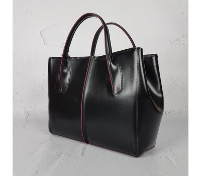 Сумка жіноча "ФОРТА" натуральна шкіра, чорна напівматова з бургунди виворотом