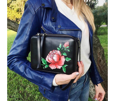 Сумка жіноча "КВАДРО" натуральна шкіра, чорна з ручним розписом