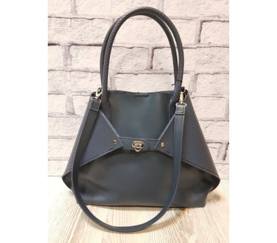 Жіноча сумка "Флай" натуральна шкіра, сіро-синя з кошиком