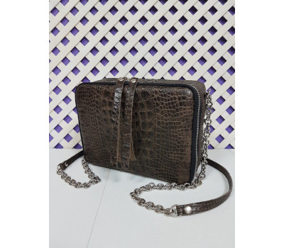 Сумка жіноча "КВАДРО" натуральна шкіра, коричнева з тисненням під крокодила