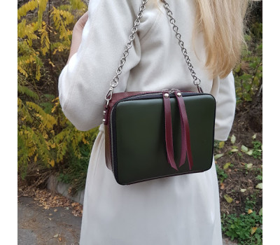 Сумка жіноча "КВАДРО" натуральна шкіра, бургунди / хакі