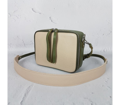 Сумка женская "КВАДРО" натуральная кожа, слоновая кость/хаки флотар