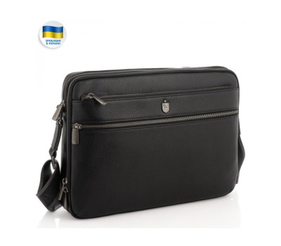 Чоловіча середня шкіряна чорна сумка через плече месенджер Royal Bag RB2970051