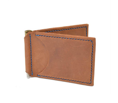Шкіряний затискач для грошей ручної роботи світло-коричневий з синьою ниткою RB-RK-hold TARWA