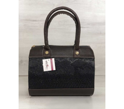 Женская сумка Маленький Саквояж коричневого цвета со вставкой коричневая рептилия WeLassie