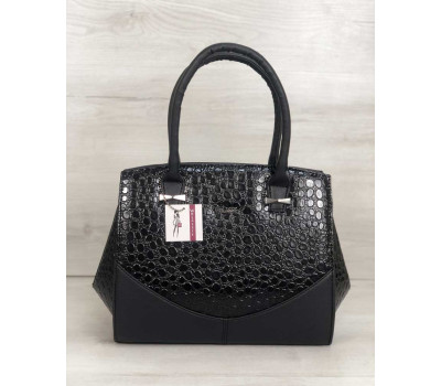Каркасна жіноча сумка Віржіні чорного кольору зі вставками чорний лаковий крокодил WeLassie