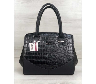 Каркасна жіноча сумка Віржіні чорного кольору зі вставками чорний крокодил WeLassie