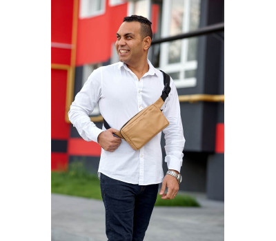 Чоловіча шкіряна сумка бананка  Sambag Harvi бежева