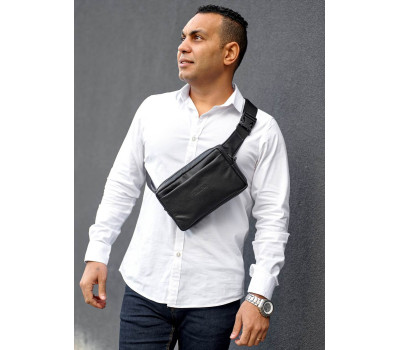 Чоловіча шкіряна сумка бананка  Sambag Harvi чорна