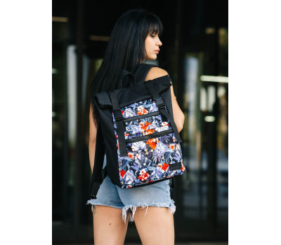 Женский рюкзак ролл Sambag RollTop Zard ткеневый черный с принтом