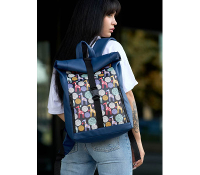 Женский рюкзак Sambag RollTop One синий с принтом "жираф"