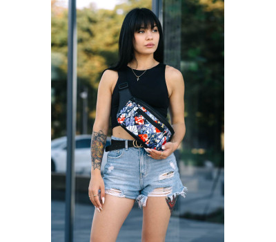 Женская поясная сумка бананка Sambag Tirso Max черная с принтом