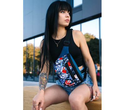 Женская поясная сумка бананка Sambag Tirso Max синяя с принтом