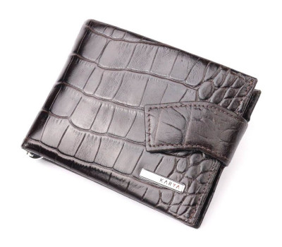 Функціональний чоловічий затиск із натуральної лакованої фактурної шкіри під крокодила KARYA 21044 Коричневий