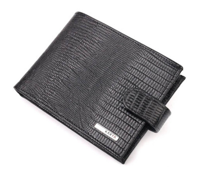 Лакированное мужское портмоне с хлястиком из натуральной фактурной кожи KARYA 21083 Черный