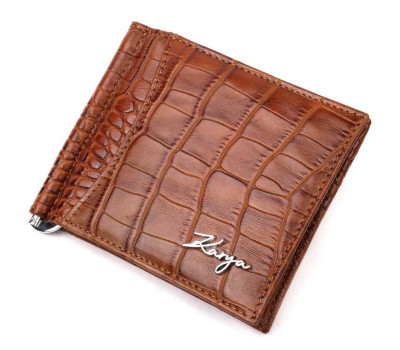 Відмінний чоловічий затиск із натуральної шкіри з тисненням під крокодила KARYA 21121 Коричневий