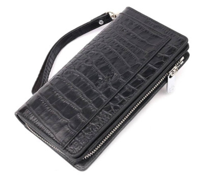 Оригінальний гаманець-клатч із натуральної шкіри з тисненням під крокодила KARYA 21137 Чорний