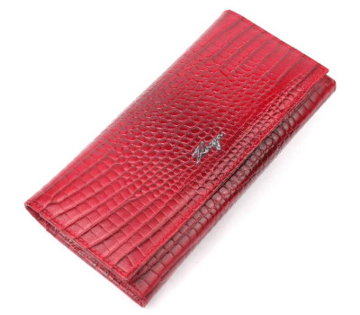 Місткий горизонтальний гаманець з натуральної шкіри з тисненням під крокодила KARYA 21173 Червоний