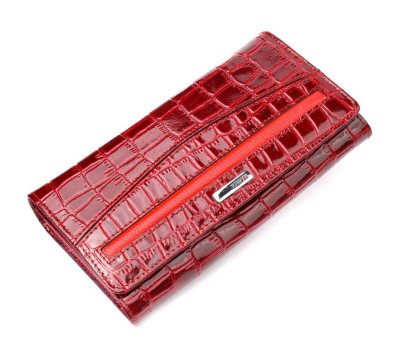 Лакированный женский кошелек из натуральной фактурной кожи под крокодила KARYA 21022 Красный