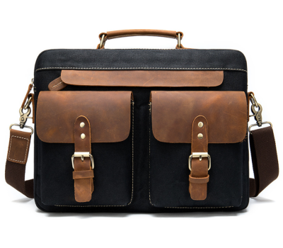 Сумка-портфель мужская текстильная с кожаными вставками Vintage 20002 Черная