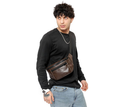 Мужская кожаная поясная сумка бананка Sambag Tirso шоколадная