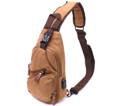 Практична чоловіча сумка через плече з USB кабелем текстильна 21222 Vintage Коричнева
