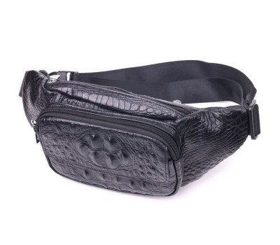 Стильна поясна сумка з натуральної шкіри з фактурою під крокодила 21297 Vintage Чорна