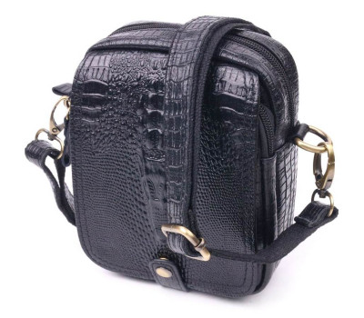 Невелика чоловіча сумка з натуральної шкіри з фактурою під крокодила 21299 Vintage Чорна