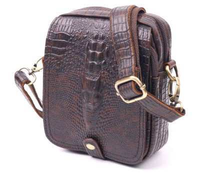 Фактурна чоловіча сумка з натуральної шкіри з тисненням під крокодила 21300 Vintage Коричнева