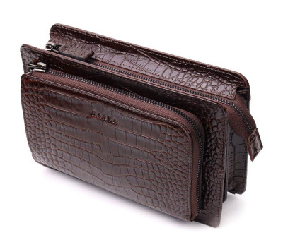 Чоловіча барсетка з натуральної шкіри з тисненням під крокодила KARYA 21311 Коричневий