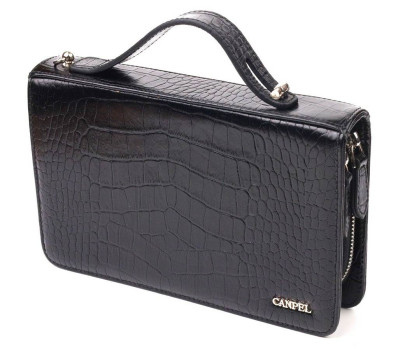 Стильна чоловіча барсетка на два відділення з натуральної фактурної шкіри з тисненням під крокодила CANPELLINI 21570 Чорна